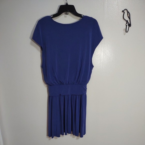 Free People Sz L Cobalt Blue Jersey Knit Front Wrap Dress Short V-Neck Raw Hem - Picture 7 of 8